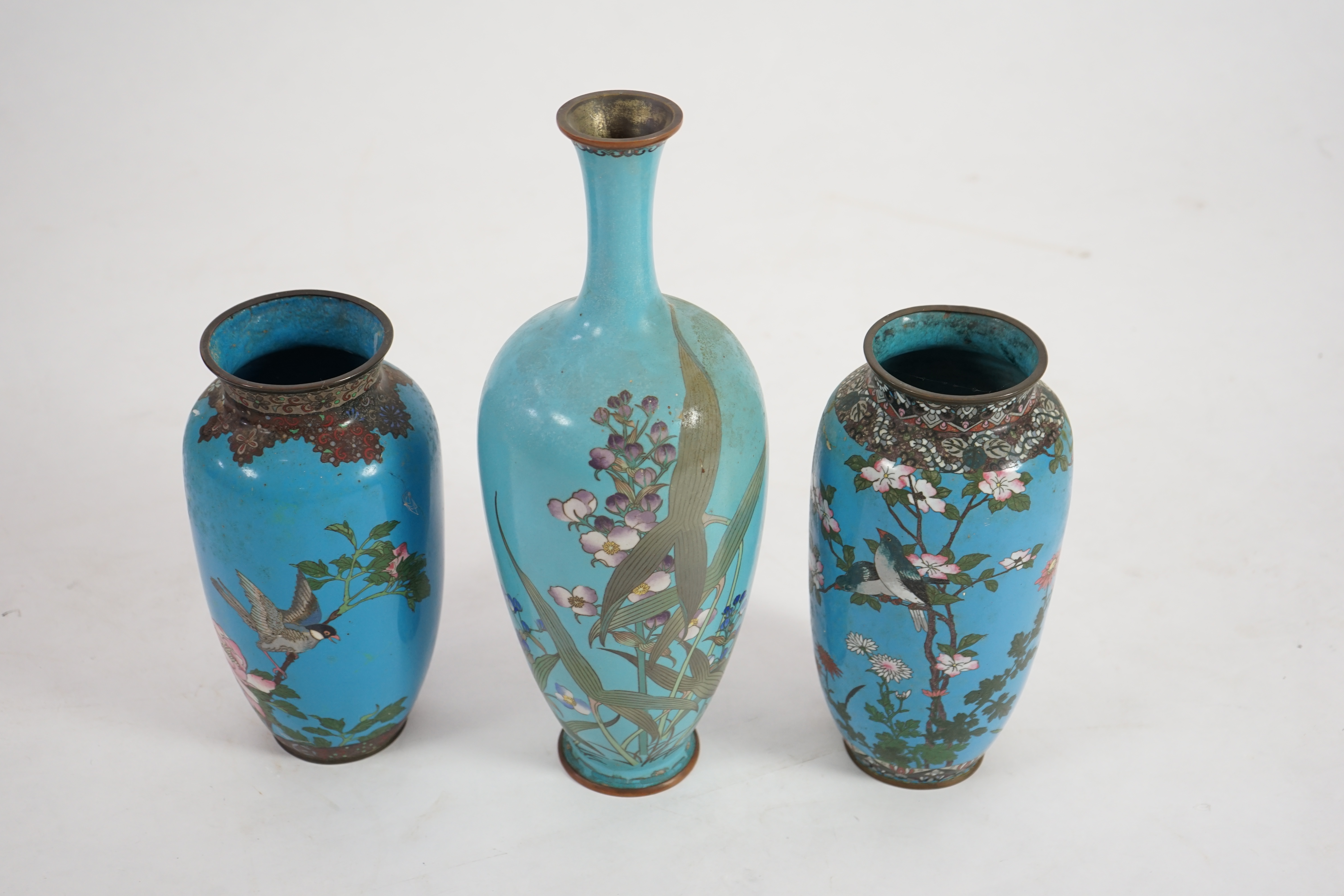 Three Japanese cloisonné vase, late Meiji period